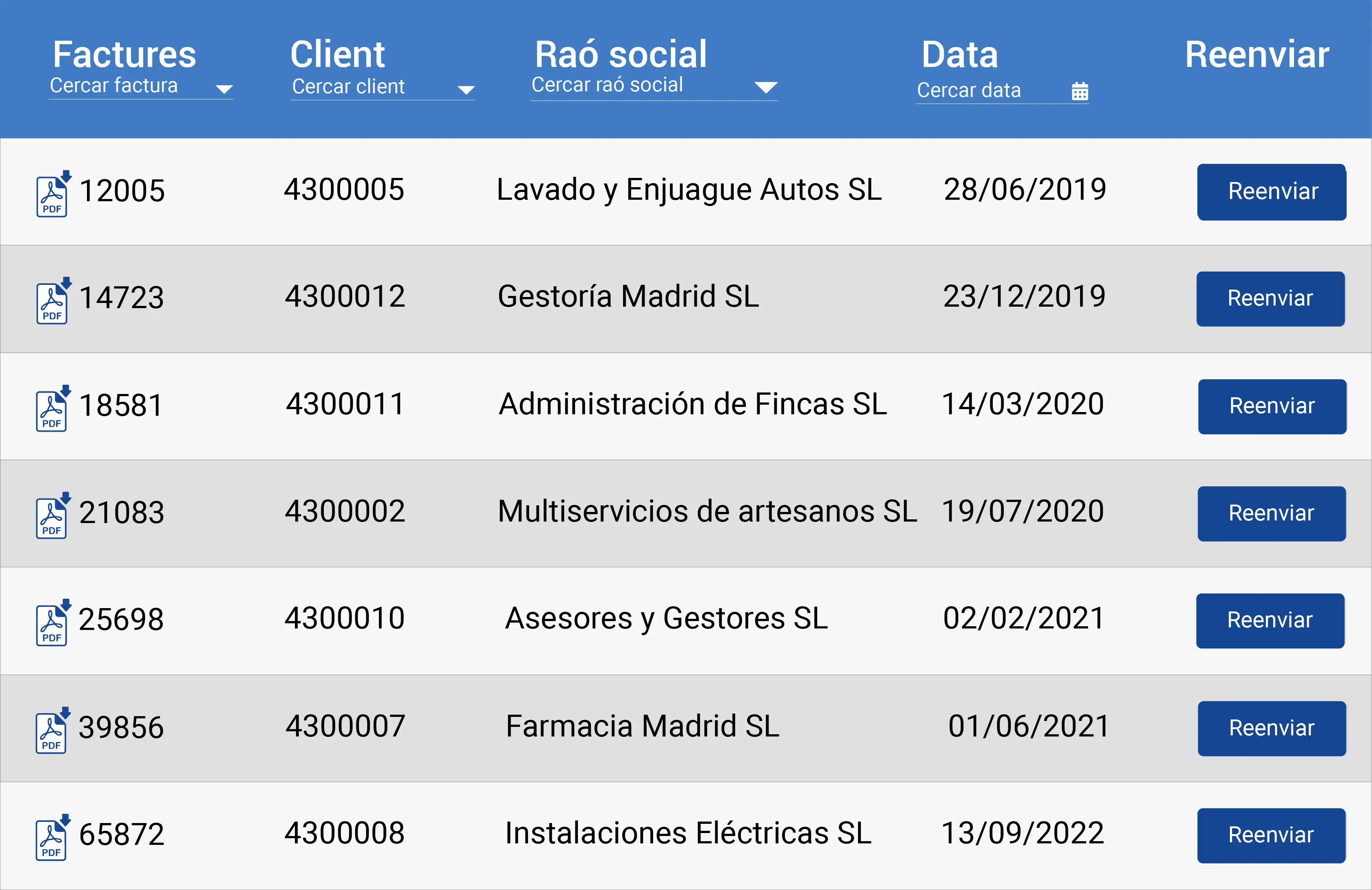 Consulta d'enviament de factures. Reenviament de factures.